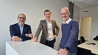 Biopôle's CEO Nasri Nahas (right) and Director of Innovation and Partnerships Pier-Jean Wipff (center) with CSL's Head of Research Europe, Adrian W. Zuercher at CSL's new office on the Biopôle premises © CSL Behring